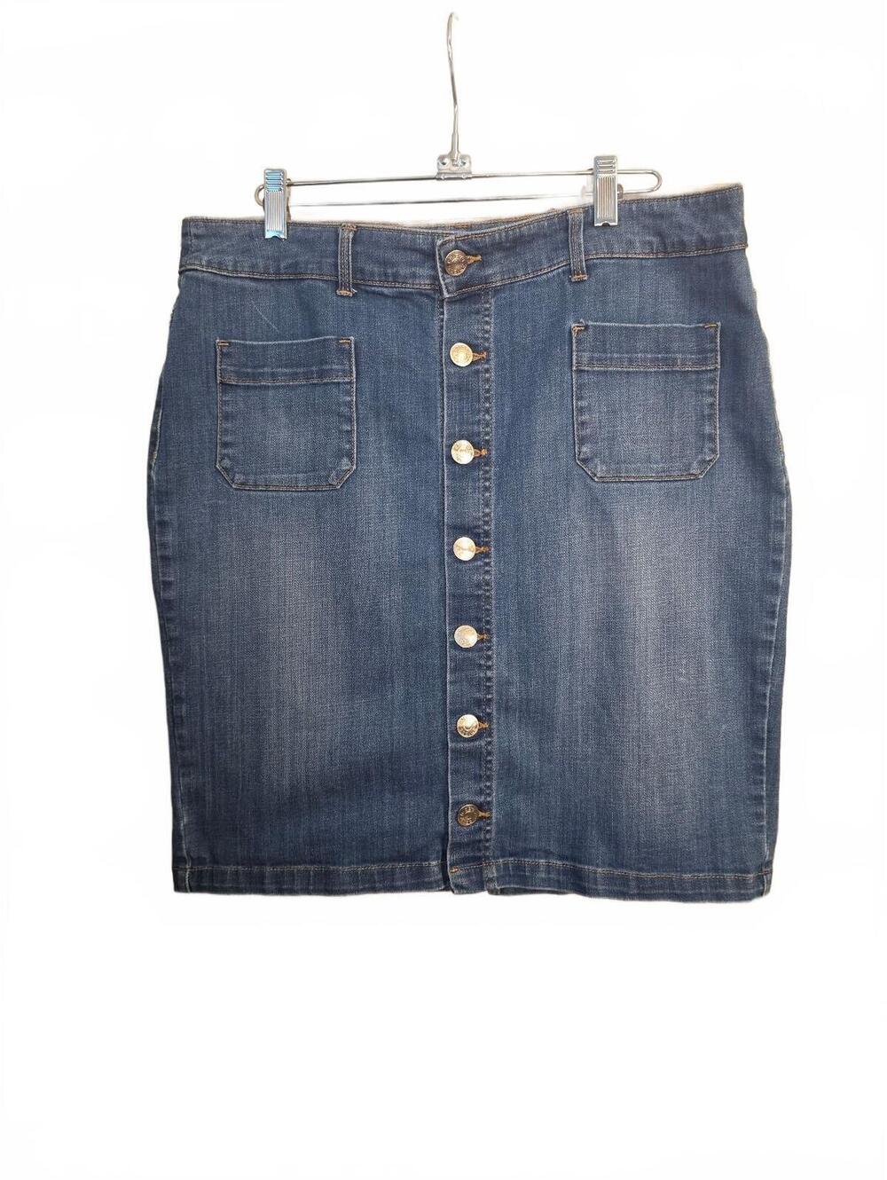 Chico's Denim Button Front Midi Skirt Size 1.5 US 10/12 Blue Stretch Pockets